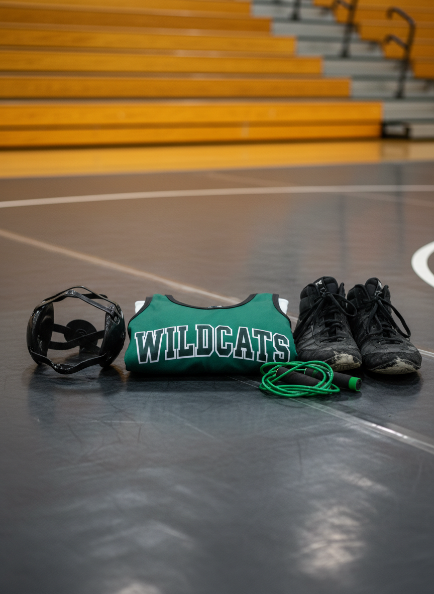 A meticulously arranged display of Chisago Lakes Wildcats wrestling gear laid out on a clean, dark rubber wrestling mat. A forest-green and black singlet with bold white “Wildcats” lettering is folded precisely beside a pair of well-worn headgear, matte black wrestling shoes with scuffed soles, and a neatly coiled green jump rope. The polished wooden bleachers of a high school gym fade softly into the background. Overhead gym lights cast even, bright illumination, creating subtle reflections on the mat and clear, professional detail throughout the scene. Photographed at eye level with a slightly angled composition and moderate depth of field, the image feels organized, serious, and informational, with a photographic realism that matches a professional school athletics website.