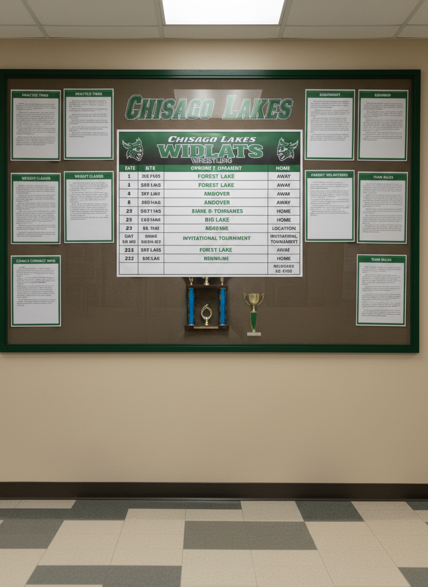 A neatly organized Chisago Lakes wrestling season information board mounted on a neutral-colored hallway wall, featuring a large printed schedule with green and black Wildcat branding, clear dates, opponent names, and locations. Around the central schedule, smaller laminated sheets list practice times, equipment requirements, and contact information, all arranged in straight, professional rows. A narrow strip of polished school hallway floor in muted tones reflects a subtle sheen, and a distant trophy case appears softly out of focus. Overhead fluorescent hallway lighting provides bright, even illumination with minimal glare on the plastic covers. Captured at eye level with a rule-of-thirds composition and sharp focus on the central schedule, the mood is organized, accessible, and informative, rendered in clean, modern photographic realism.