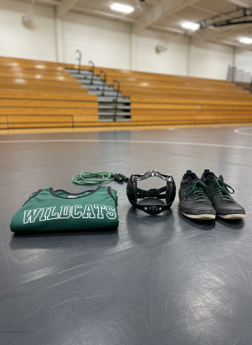 A meticulously arranged display of Chisago Lakes Wildcats wrestling gear laid out on a clean, dark rubber wrestling mat. A forest-green and black singlet with bold white “Wildcats” lettering is folded precisely beside a pair of well-worn headgear, matte black wrestling shoes with scuffed soles, and a neatly coiled green jump rope. The polished wooden bleachers of a high school gym fade softly into the background. Overhead gym lights cast even, bright illumination, creating subtle reflections on the mat and clear, professional detail throughout the scene. Photographed at eye level with a slightly angled composition and moderate depth of field, the image feels organized, serious, and informational, with a photographic realism that matches a professional school athletics website.