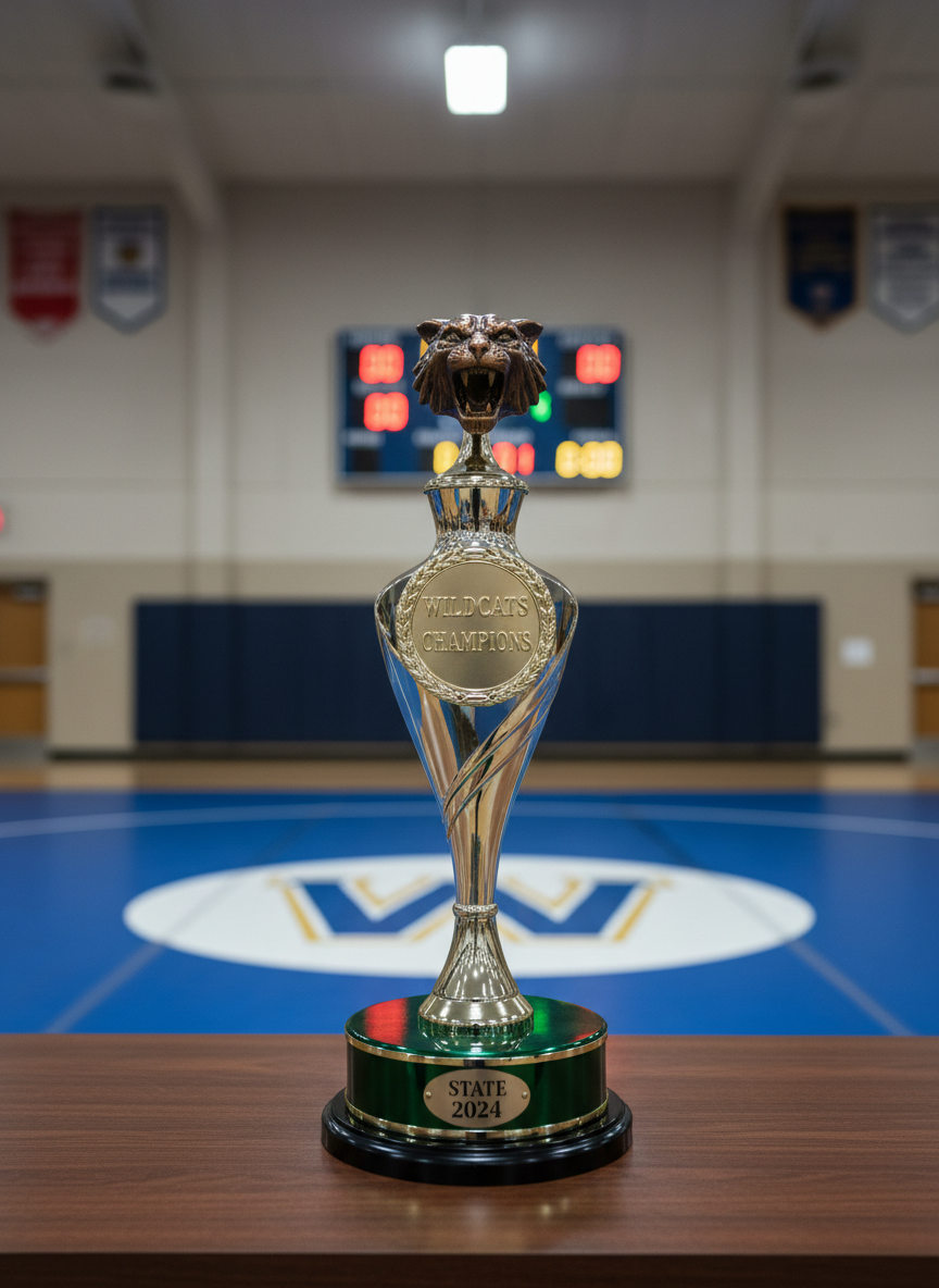 A glossy championship wrestling trophy featuring a stylized wildcat emblem on a round green and gold base, positioned prominently on a polished wooden awards table atop a wrestling mat marked with crisp white circle lines. In the softly blurred background, a regulation high school wrestling scoreboard glows in Wildcats colors, displaying zeroed scores and period time, set against muted gymnasium walls. Bright but diffused overhead lighting evenly illuminates the trophy, catching subtle highlights on the metallic surfaces and casting a clean shadow behind. Captured from a slightly low angle with centered composition and shallow depth of field, the mood is aspirational and proud, emphasizing achievement and tradition in a realistic, professional photographic style.
