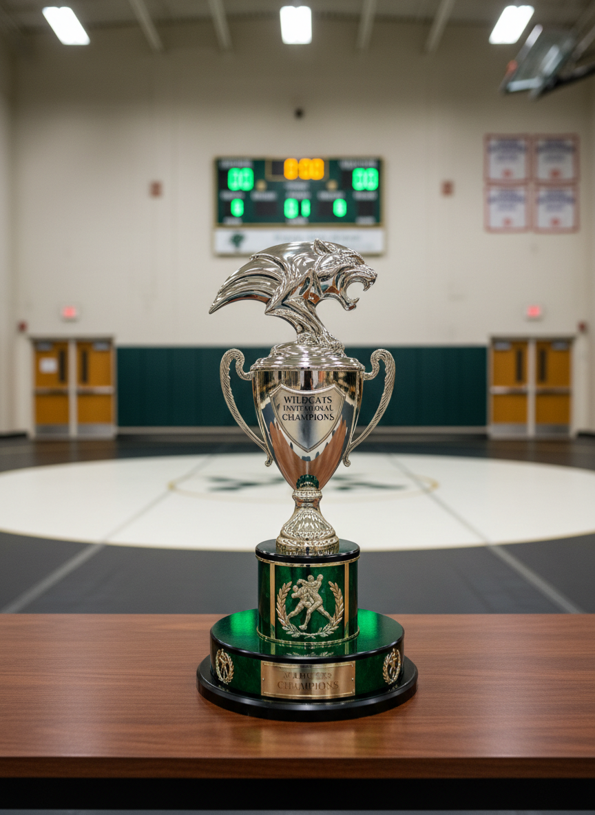 A glossy championship wrestling trophy featuring a stylized wildcat emblem on a round green and gold base, positioned prominently on a polished wooden awards table atop a wrestling mat marked with crisp white circle lines. In the softly blurred background, a regulation high school wrestling scoreboard glows in Wildcats colors, displaying zeroed scores and period time, set against muted gymnasium walls. Bright but diffused overhead lighting evenly illuminates the trophy, catching subtle highlights on the metallic surfaces and casting a clean shadow behind. Captured from a slightly low angle with centered composition and shallow depth of field, the mood is aspirational and proud, emphasizing achievement and tradition in a realistic, professional photographic style.