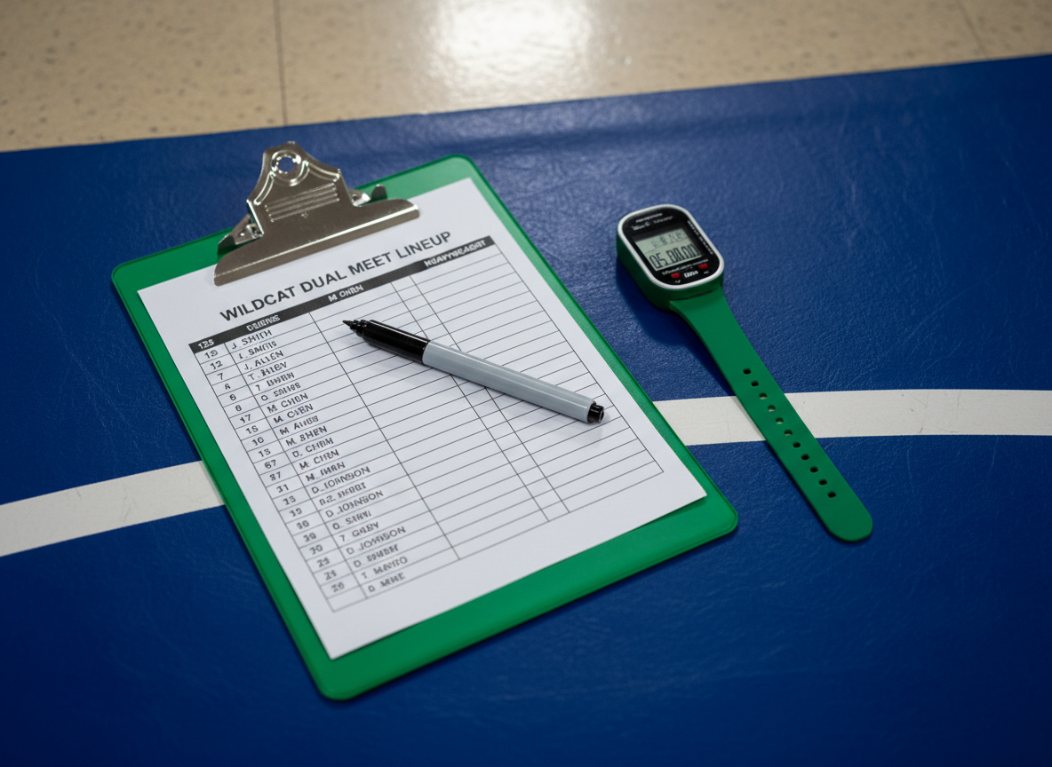 A detailed close-up of a green clipboard featuring a printed wrestling lineup sheet titled “Wildcat Dual Meet Lineup,” resting on the edge of a wrestling mat where the texture of the vinyl surface and white boundary line are clearly visible. A black fine-tip marker lies diagonally across the sheet, and a slim digital stopwatch with a green strap sits nearby, its display frozen on an even minute. Overhead gym lighting creates soft, controlled reflections on the clipboard’s plastic surface and gentle shadows along the mat seam. Photographed from a top-down perspective with a shallow depth of field, the focus is on the lineup details, suggesting organization, strategy, and professional communication for coaches and parents in a crisp, photographic realism style.