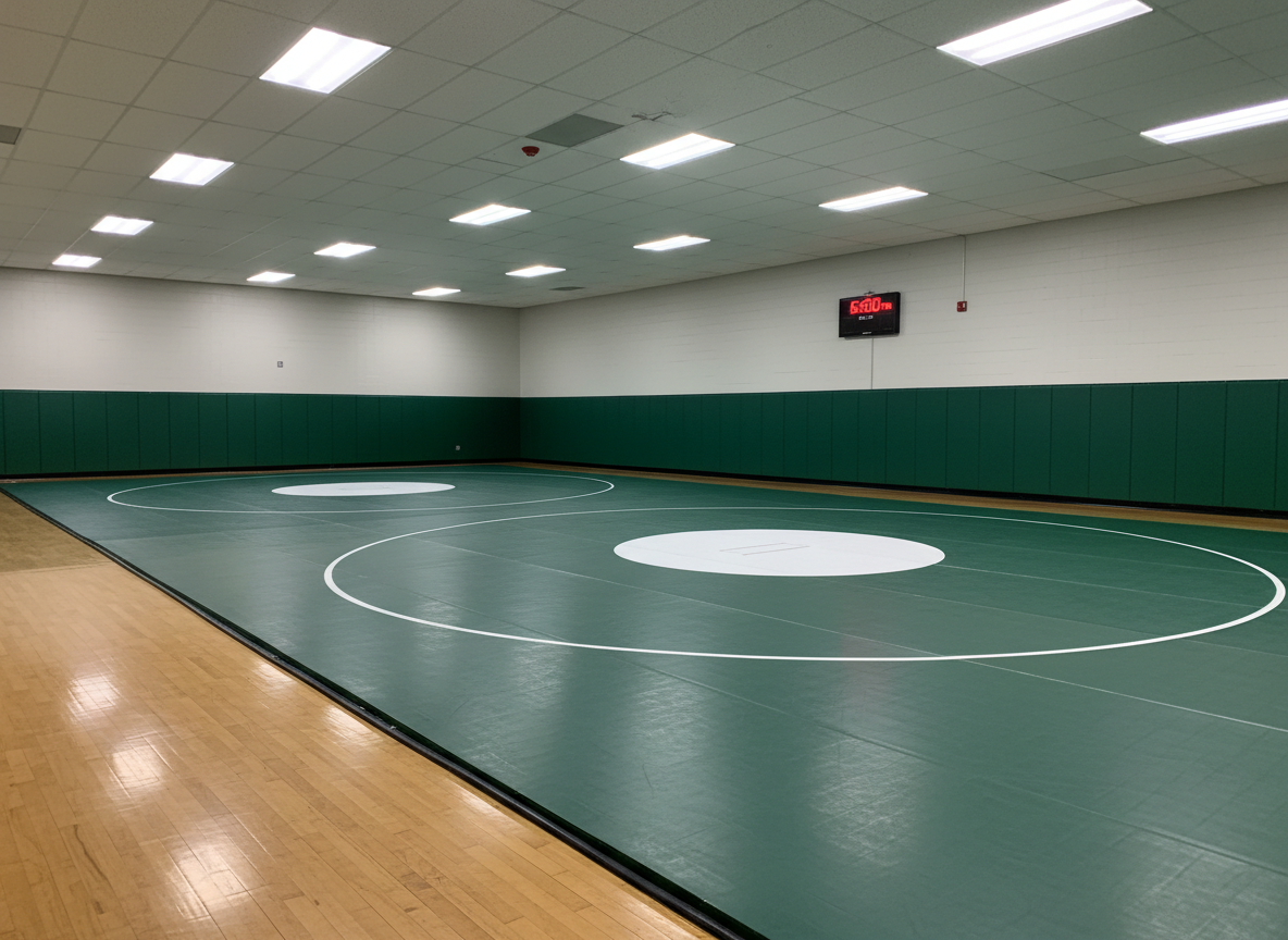 A pristine Chisago Lakes wrestling practice setup on a full green wrestling mat with clearly visible white boundary circles and center logo area left intentionally blank. Along one edge of the mat, padded wall mats in matching green line the gym wall, and a single digital wall clock displays an early evening practice time in red numbers. The hardwood floor beyond the mat subtly reflects ambient light. Overhead fluorescent fixtures provide bright, even, neutral-toned illumination with minimal shadows. Shot from a slightly elevated corner perspective using a wide-angle lens, the composition showcases the full training space in sharp focus, conveying readiness, discipline, and professionalism in a clean, realistic photographic aesthetic suitable for informational pages about the program.